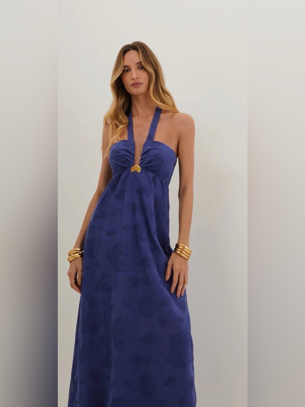 Vix PIETRA LONG DRESS sz M sapphire blue halter maxi w gold hardware